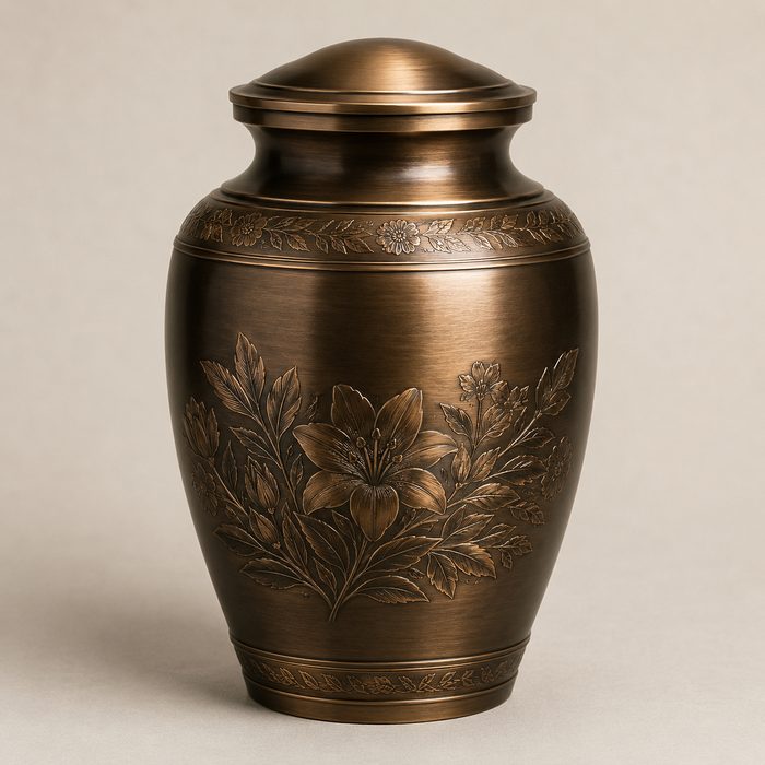 Urna cineraria in bronzo con decoro floreale inciso - cremazione Napoli