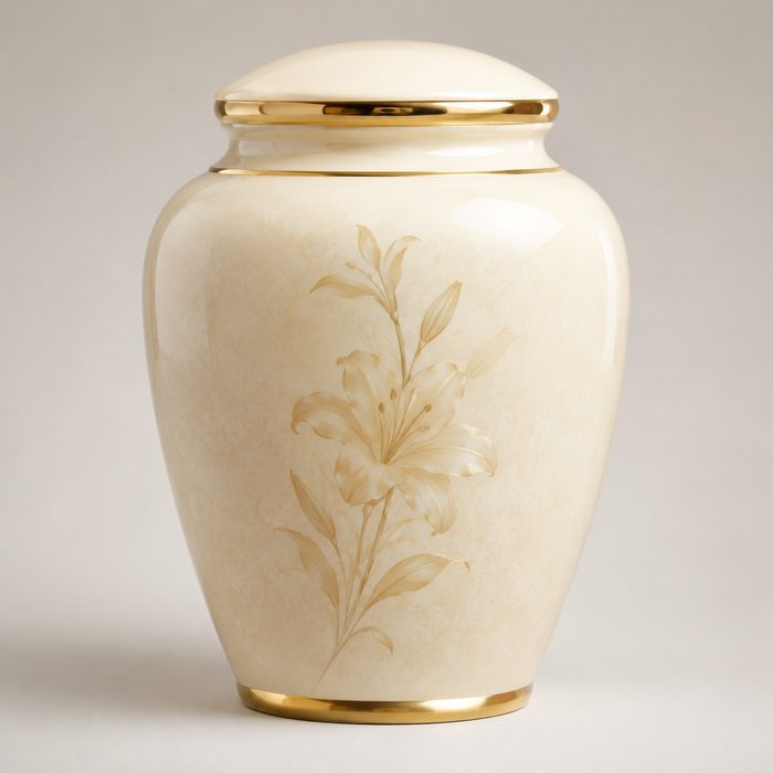 Urna cineraria in ceramica avorio e oro con motivo floreale - Napoli